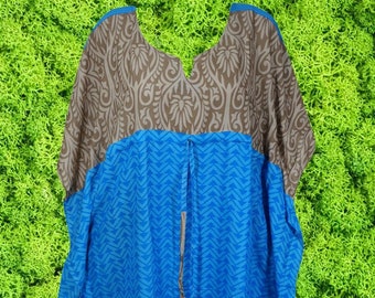 Women's Midi Caftan Dress, Sari Silk Blue Gray Casual Dresses, Floral Print Cover Up Beach Dress, Resort Wear Kaftan L-4XL, One size