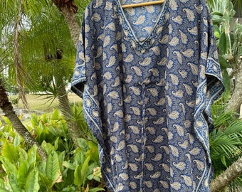 Women Kaftan Dresses, Silk Tunic Caftan, Dark Blue Beige Paisley Caftan, Beach Cover Up Dress, Holiday Gift One Size L-3XL