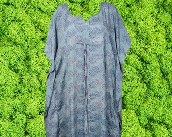 Womens Maxi Kaftan Dress, Cornflower Blue Pink Floral Print, Recycle sari Caftan, Beach Dress, L-4XL One size