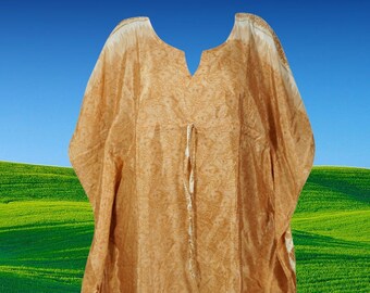 Women's Midi Caftan Dresses, Sari Silk Ambered Melon Crème Print Cover Up Beach Dress, Resort Wear Kaftan L-4XL, One size