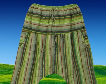 Bright Green Striped Harem Pants, Women High Crotch Hippie Pant, Comfy Loungewear Yoga Trousers, Loose Baggy Boho Beach Pant S/M/L