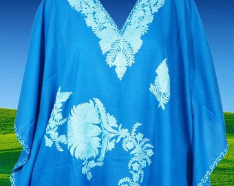 Women kaftan Dress, Old Fashioned, Teal Blue Orchid Floral Embroidery Mid Length, Cotton Kimono Resort Wear, Kaftan Dresses, One size L-4XL