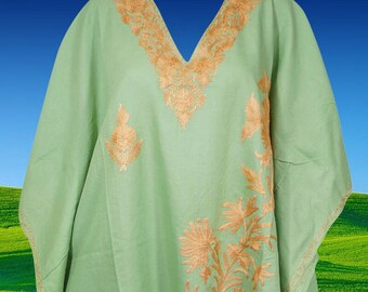 Women kaftan Dress, Faded Mint Green, Floral Embroidery Mid Length, Kimono Resort Wear, Kaftan Dresses, One size L-4XL