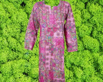 Womens Embroidered Cotton Kaftan Dress, Pink Handmade Caftan Dresses, Gift, Indi Boho Fashion, Summer Kurti, Casual Long Tunic Dress L