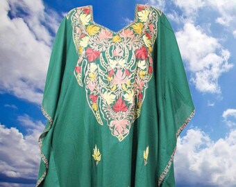 Womens Maxi Kaftan Dresses, Green Embroidered Dress, Travel Gifts, Boho Dress, Resort Wear, Handmade Beach Caftan, Onesize,  L-3XL