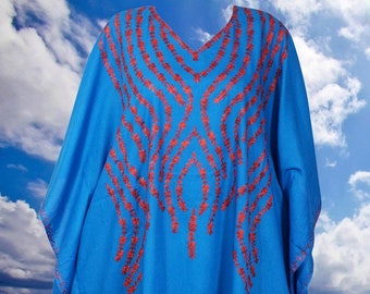 Womens Kaftan Maxi Dress, Blue Housedress, Beach Cover Up, Boho Chic Hand Embellished Kimono Caftan Dresses, One Size 2XL