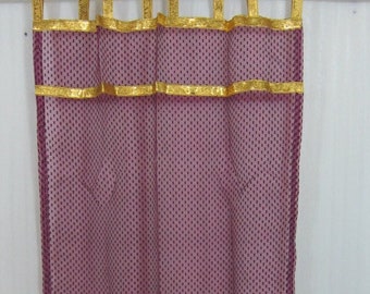 Pair of Sheer Plum Curtains, Self Checkered Sheer Curtains, Gold Tab Top Curtains, Bed Canopy, Bedroom Curtains, Window Treatment