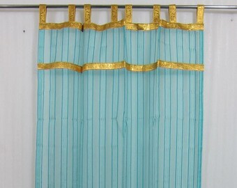 Pair of Boho Curtains, Turquoise Sheer Curtains, Sari Curtains, Gold Tab Tops, Window Treatment, Bed Canopy, Bohemian Decor
