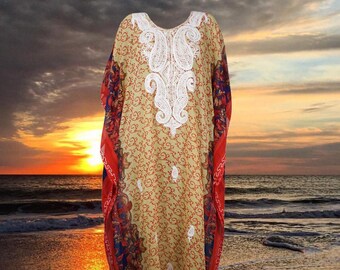 Womens Resort Wear Caftan, Cruise Maxi Dress, Orange Beige Kimono Kaftan Dress, Sheer Georgette Embroidered Travel Kaftan, ONE SIZE L-4XL