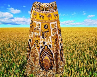 Womens Long Cotton Wrap Skirt, Yellow Black Indian Paisley Handmade Wrap around Skirts, Maxi Wrap Skirt One size