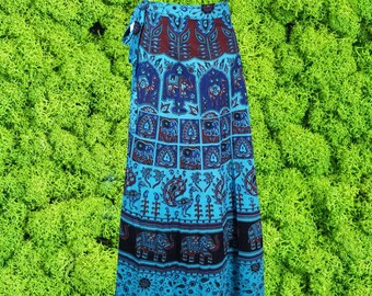 Printed Indian wrap Skirts, Jaipuri Wrap around Skirt, Cotton Skirts, Blue Peacock Maxi Skirt, Open Waist Beach Travel Skirts One size