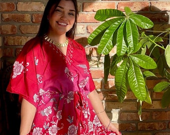 Womens Maxi Kaftan Dress, Fuscia Red Printed Beach Dress, Muumuu, Cruise Caftan Dress, Maxidress, Resort wear, Lounger, Handmade  Gift L-2X