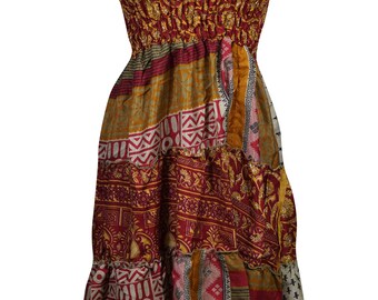 Womens BEACH SKIRT DRESS, Summer Orange Red Printed Flattery Twirl Fit and Flare 2 In 1 Strapless Vintage Upcycled Silk Beach Wear S/M