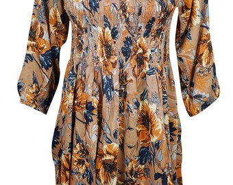 Bohemian Gypsy Dress Blue Orange Printed Loose Dresses Hippy Chic Floral Fit Flare OFF SHOULDER Summer Trendy Festival L