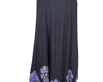 Womens Sundress, Housedress, Summer Black Purple Embroidered Bohemian Sleeveless Flared Tank Dress XL