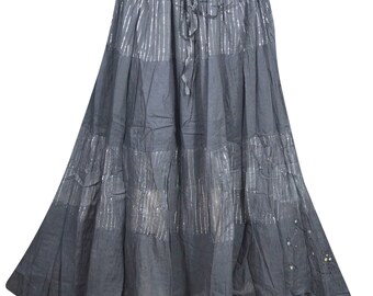 Womens Long Maxi Skirts, Gypsy Flared Skirt, Gray Stunning Boho Chic Summer Fashion M/L