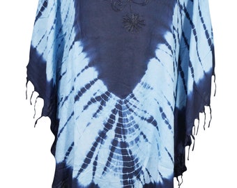Womens Kaftan Top , Blue Soft Tie dye Embroidered Cover Up Beach Caftan, Summer Resort Poncho Dresses M