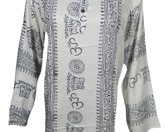 Women's Cotton White Yoga Shirt, Soft Spiritual Print Shirt, Button Front Blouse Bohemian Summer Shirt XL