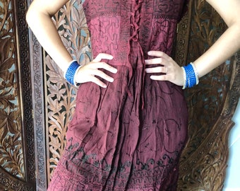 Women's Midi Dress,Bohemian Gypsy Chic Red Stonewashed Rayon Sleeveless Embroidered Summer Midi Dress S