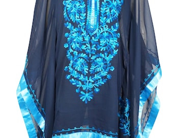 Womans Boho Caftan Ink Blue Embroidery Sheer Kaftan Kimono Dresses Beach Coverup Maternity Clothing M