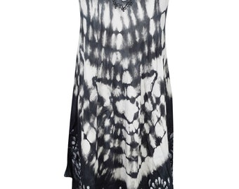 Womens Tank Dress, Loose Fit and Flare Swing Sleeveless Cut Out Neck Style, Black White Tie Dye Dress,  Sexy Summer Fashion Dresses S/M