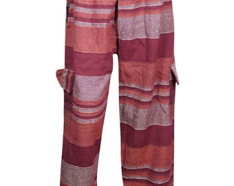Women's Yoga Pants Red Comfy Trousers Pants Handloom Cotton Summer Bohemian Pajama S/M