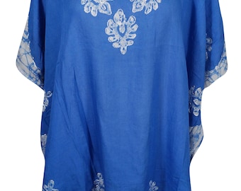Womans Boho Kaftan, Beach Coverup, Blue White Batik Embroidered Poncho, Boho Fashion Loose Comfy BEACH COVER Blouse One size