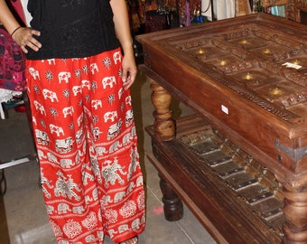 Womens Boho PAnts Loose Red House Pants, Tribal Print Baggy Casual Comfy Lounging Elephant Pant ML