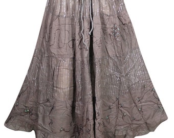 Womens Cotton Embroidered Maxi Skirt, Dusky brown Casual Long Skirts Floral Hippy Summer Dancing Skirts M/L