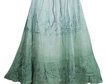 Womens Mint Green  Maxi Skirt, Floral Embroidered Gypsy Boho Skirts, Summer Beach Long Skirts M/L