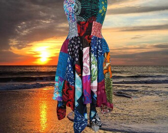 Women’s Strapless Dress Patchwork Sundress, Blue Summer Dress, Hippie Dress Cotton Blue Beach Tube Dresses S/M