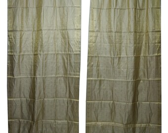 Sari Curtains 2 Indian Window Treatment Panels, Silver Golden Brocade, Rod Pocket Curtains, Home Decor 96 inch