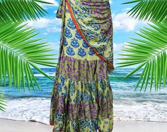 Women Ruffle Wrap Skirt, Tiered Maxi Wrap Skirts, Green Blue Printed Beach Skirt, Bohemian Skirt, Sari Wrap Skirt, Gypsy Skirt One size