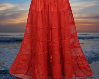 Cherry Red Tiered Maxi Skirt, Red Renaissance Western Long Skirts, Boho Handmade Flared Skirts M/L