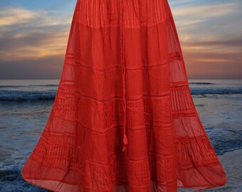 Cherry Red Tiered Maxi Skirt, Red Renaissance Western Long Skirts, Boho Handmade Flared Skirts M/L