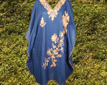 Women Blue Tunic Embroidered kaftan, Bohemian Midi Kaftan Dress, Handmade Egyptian Cotton Summer, Party, Casual, Home Dresses L-4XL