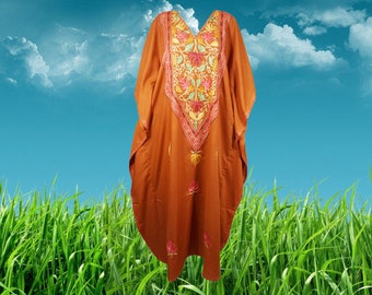 Women's Kaftan Maxi Dress, GIFT, Orange Boho Maxi Dress, Travel Dresses, Cotton Floral Embroidered Caftans Dress L-3XL One Size