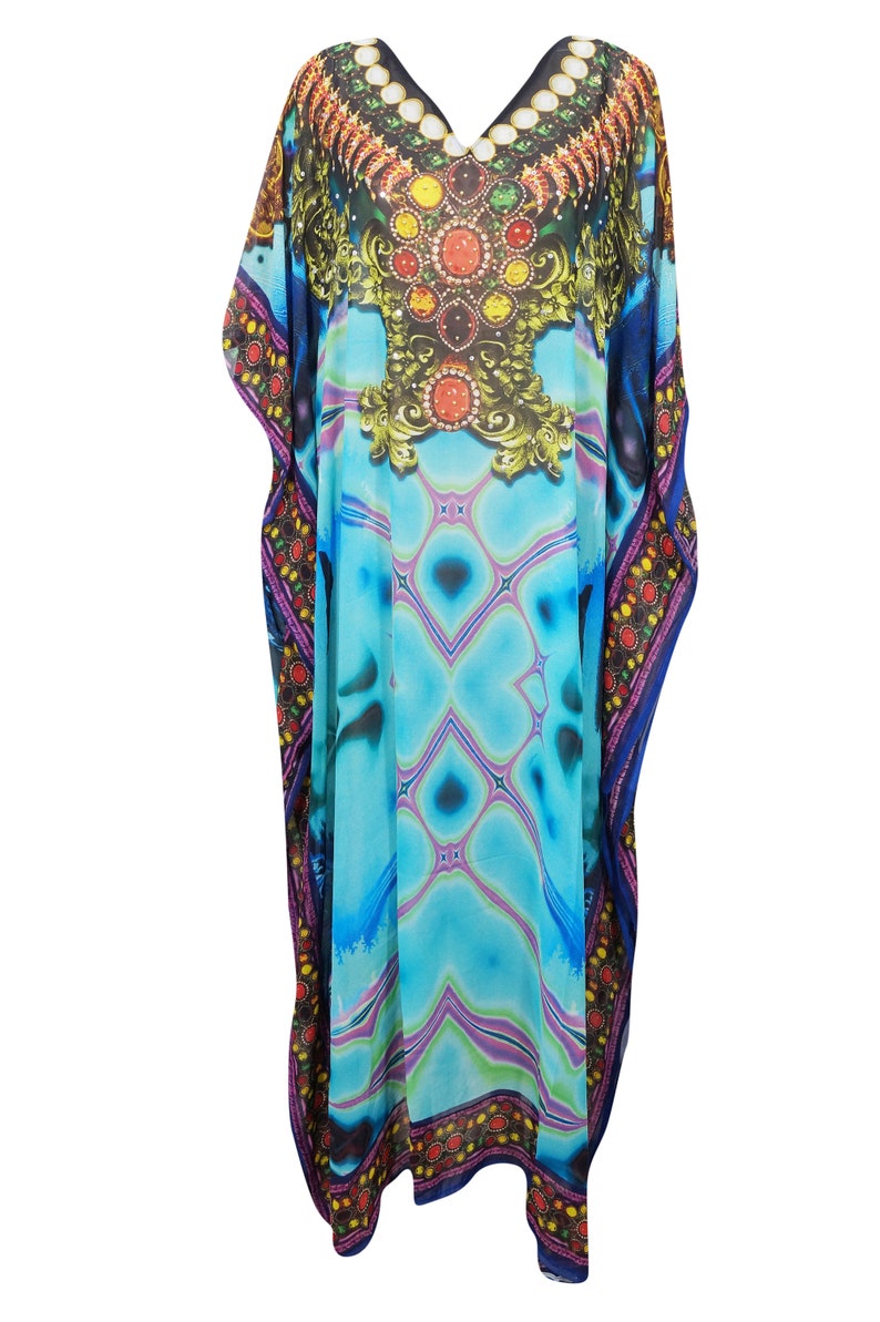Womens CAFTAN Blue Jewel Print KAFTAN Beautiful Beach Cover Up MAXI Dresses 3X