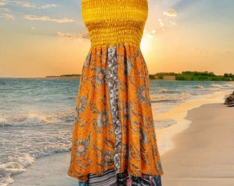 Women Sundress, Halter Dresses, Orange Handmade Boho Dress, Printed Handkercheif Hem Uneven Upcycled Silk Sari Boho Beach Halter Dress S/M