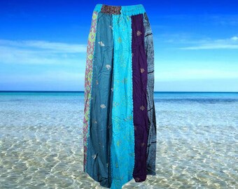 Womens Maxi Skirt, Blue Boho Hippie Festival PATCHWORK Vintage Retro Maxi Flared Skirts, Casual Comfy SKIRT S/M/L