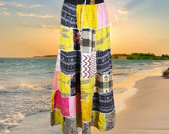 Womens Patchwork Maxi Yellow Skirt, Long Elastic Waist Colorful Vintage Indian Style Handmade A-Line Long Skirts S/M/L