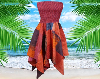 Womans Cotton Hanky Skirt, Boho Beach Dress, Asymmetric Hem Patchwork Skirt Dress S/M