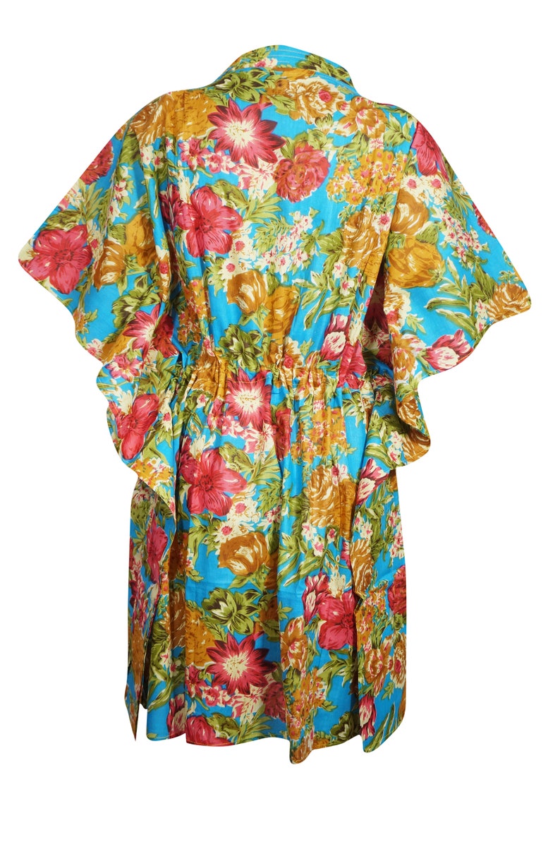 Kaftan Dresses One size L-3XL Blue Gold Floral Kaftan Womens Tunic Caftan Dress Resort Wear Cotton Beach Cover Up