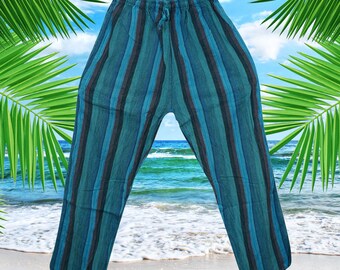 UNISEX Cotton Stripe Pant, Boho Pants, Blue Trousers VINTAGE Yoga Pant, handmade, Lightweight Festival Pants S/M