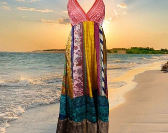 Womens Maxidress, Hawaiaan Sunset Silk Maxi Dress, Pink Bohemian Dress, Fall Festivals, Holiday Dresses ML