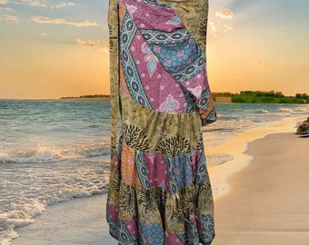 Womens Silk Sari Ruffle Wrap Skirt, Pink Beige Tiered Maxi Skirt, Handmade Belly Dance Beach Party Long Skirts One size