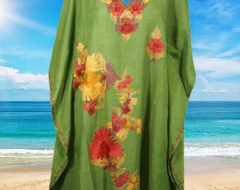 Kaftan For Womens, Green Short Dress, Gift For Her, Cotton Embroidered Dresses Floral Caftan Party Wear Crepe Boho Kaftan, L-2X