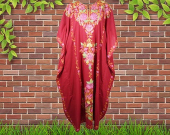 Womens Maxi Caftan Dress, Red Floral Embroidered Kaftan Dresses, Cruise Maxi Dress, Gift 2XL ,One size