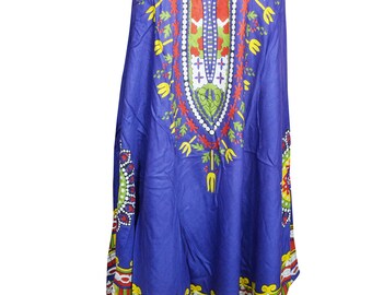 Women Loose Tank Dress, Blue African Print Dashiki Sleeveless Housedress, Flared Summer Chic Sundress 3XL