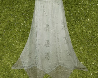 Womens Boho Skirt, Stonewashed Green Embroidered Skirt with Uneven Hem Skirts, Handmade, Hippe, Midi Skirts M/L